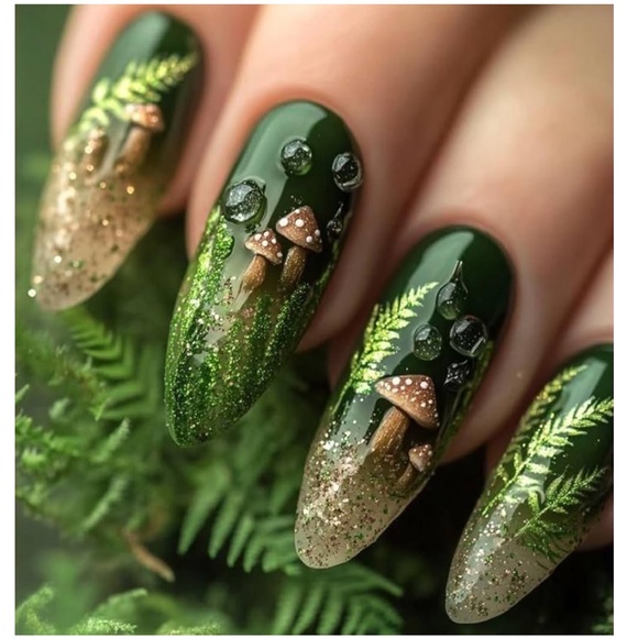 unbranded Accessories - Green and Gold forest Mushroom press on Nails